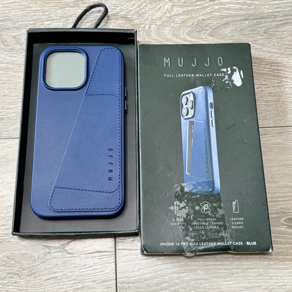 NIB Mujjo iPhone 14 Pro Max Leather Wallet Case Blue Slim Card Pocket